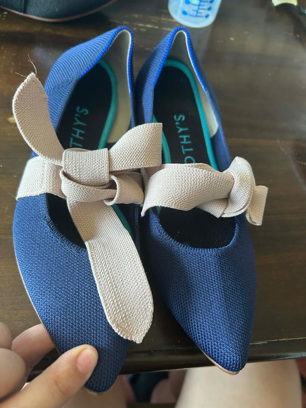 Rothy's Navy Pointed Toe Flats with Beige Bow